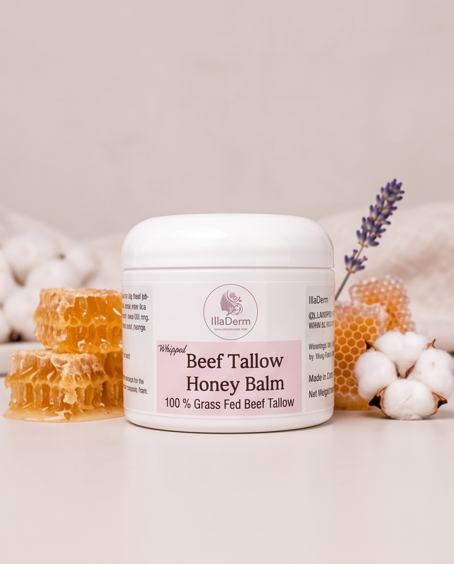 Jar of IllaDerm Whipped Beef Tallow Honey Balm with honeycomb and lavender.