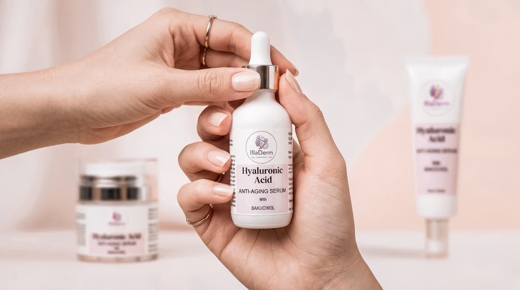 Hand holding the IllaDerm Hyaluronic Acid Anti-Aging Serum with Bakuchiol dropper bottle.