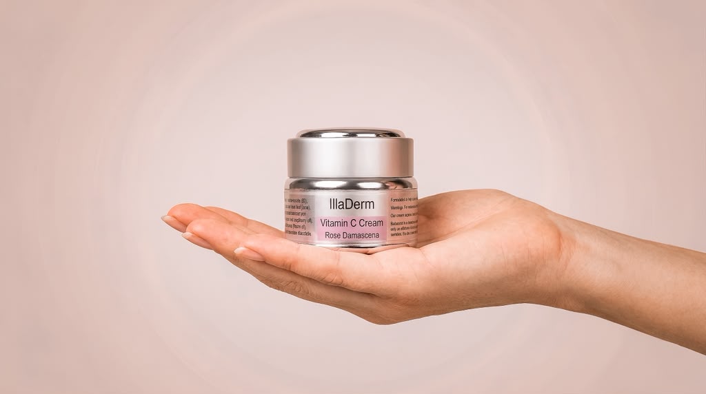 Hand holding a jar of IllaDerm Vitamin C Cream Rose Damascena.